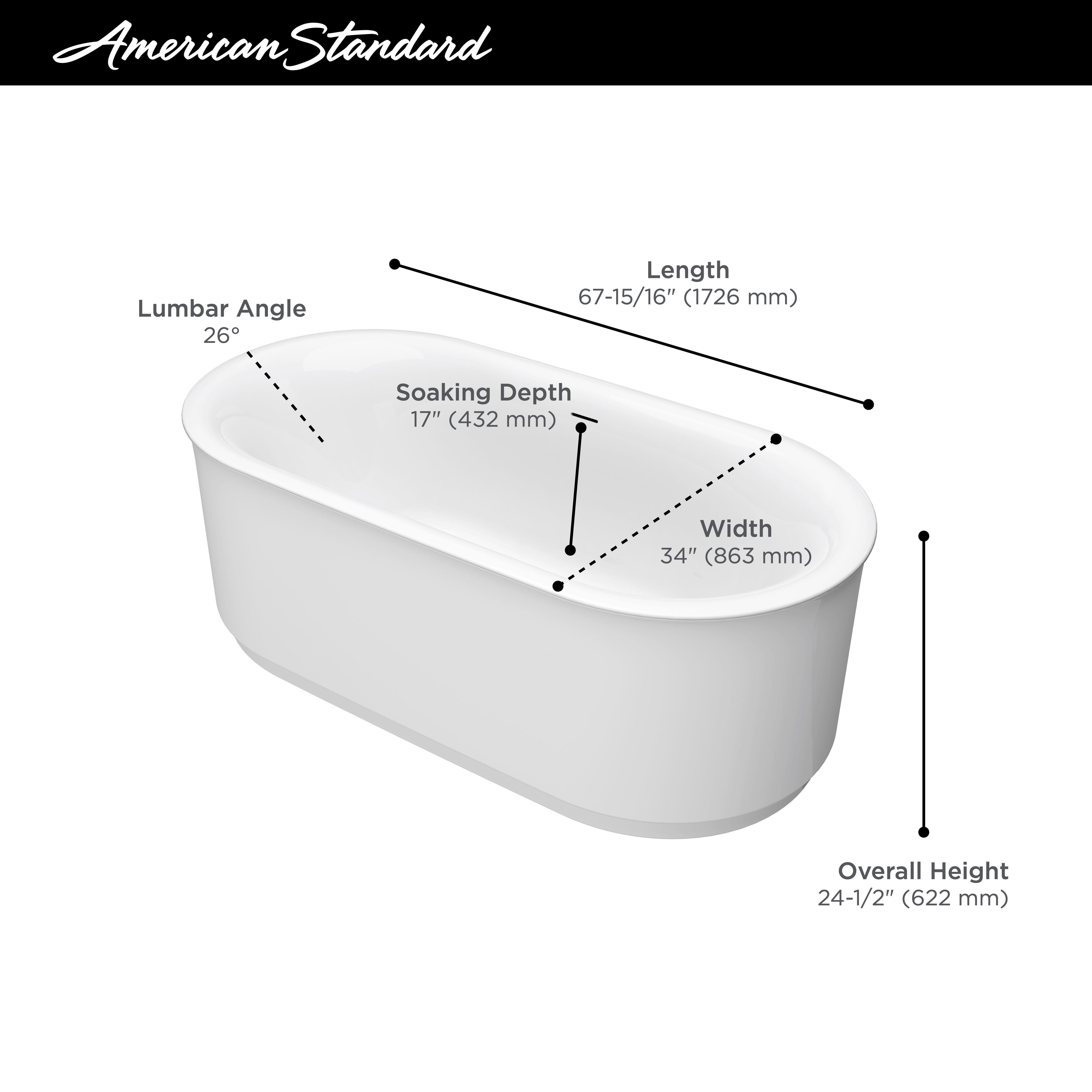 Studio S  68 x 34 Inch Freestanding Bathtub Center Drain With Integrated Overflow WHITE